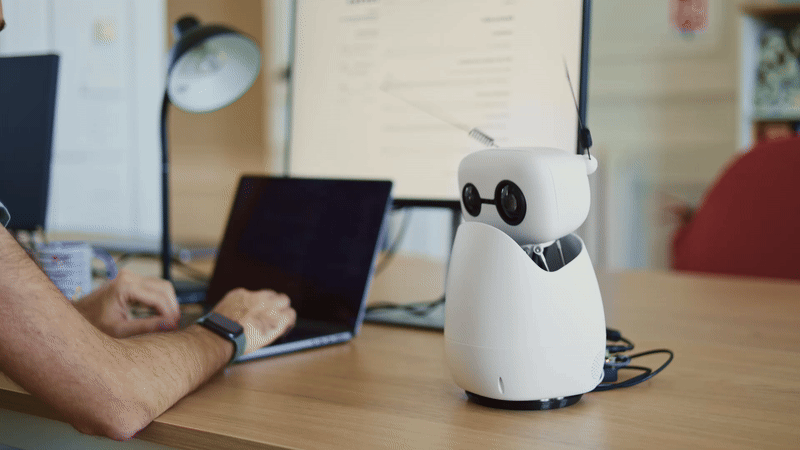 Reachy Mini robot in office environment showing its compact white design with expressive head and antennas, positioned next to a laptop on a wooden desk